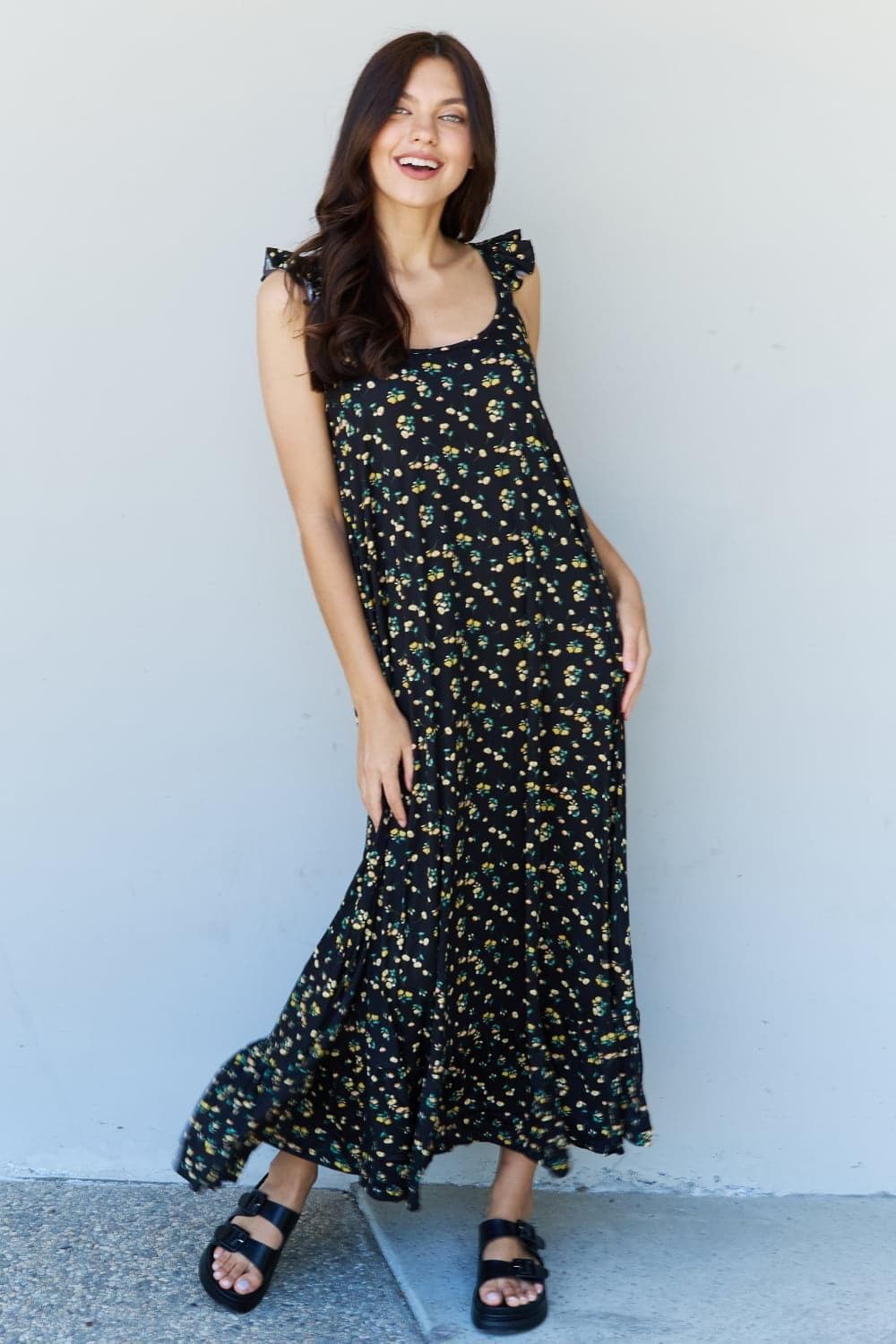 Doublju In The Garden Ruffle Floral Maxi Dress in Black Yellow Floral - SwagglyLife Home & Fashion