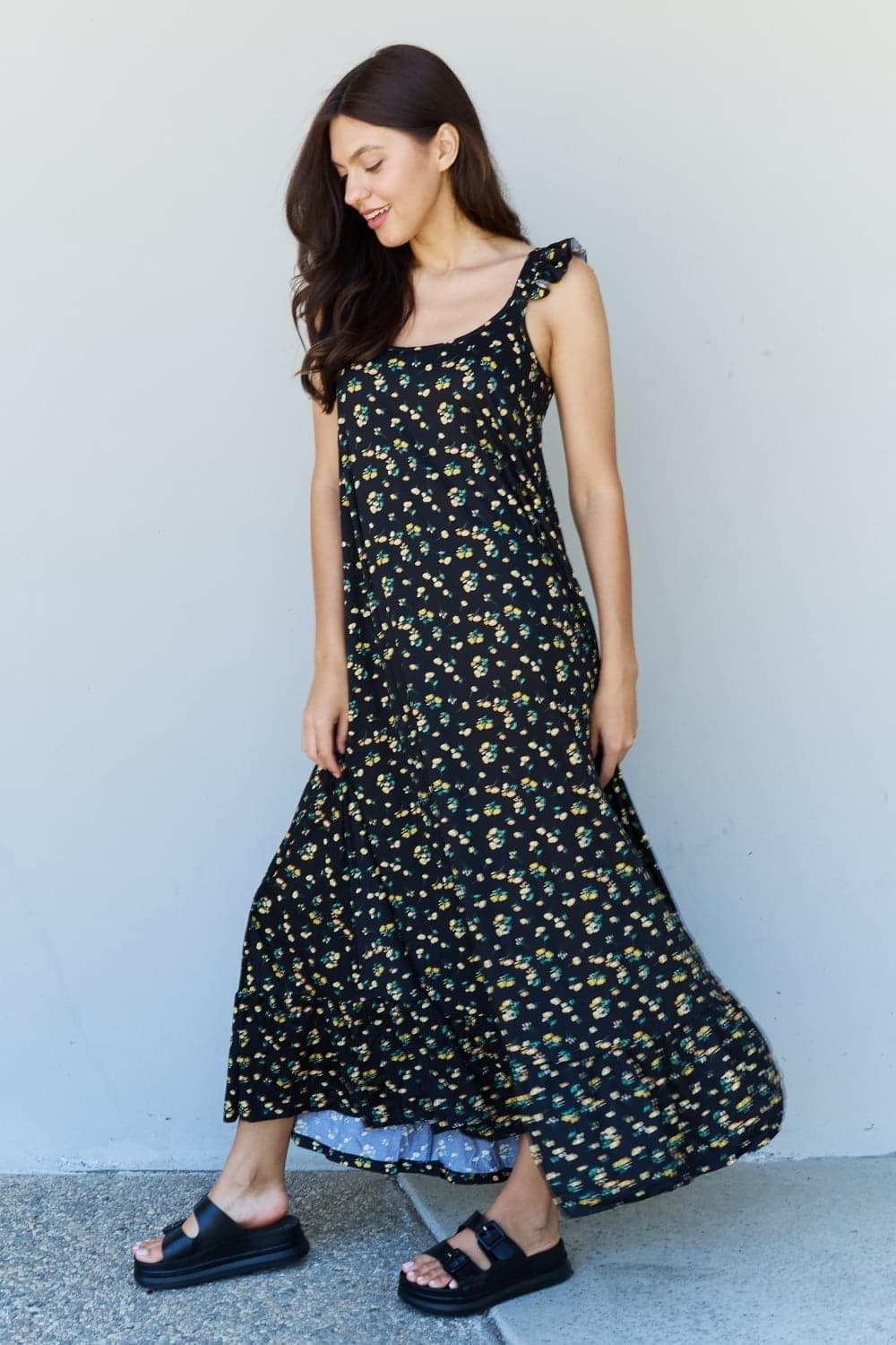 Doublju In The Garden Ruffle Floral Maxi Dress in Black Yellow Floral - SwagglyLife Home & Fashion