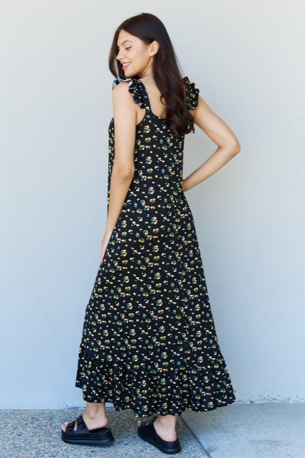Doublju In The Garden Ruffle Floral Maxi Dress in Black Yellow Floral - SwagglyLife Home & Fashion