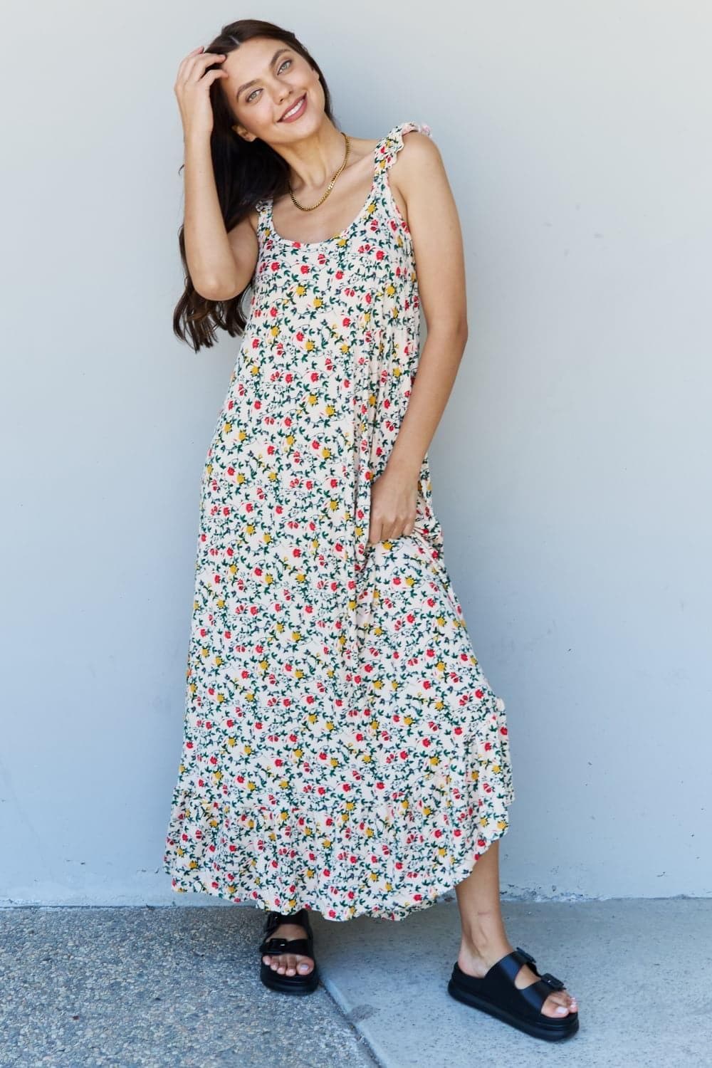 Doublju In The Garden Ruffle Floral Maxi Dress in Natural Rose - SwagglyLife Home & Fashion