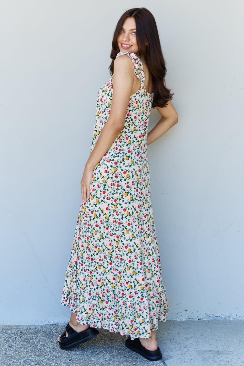 Doublju In The Garden Ruffle Floral Maxi Dress in Natural Rose - SwagglyLife Home & Fashion