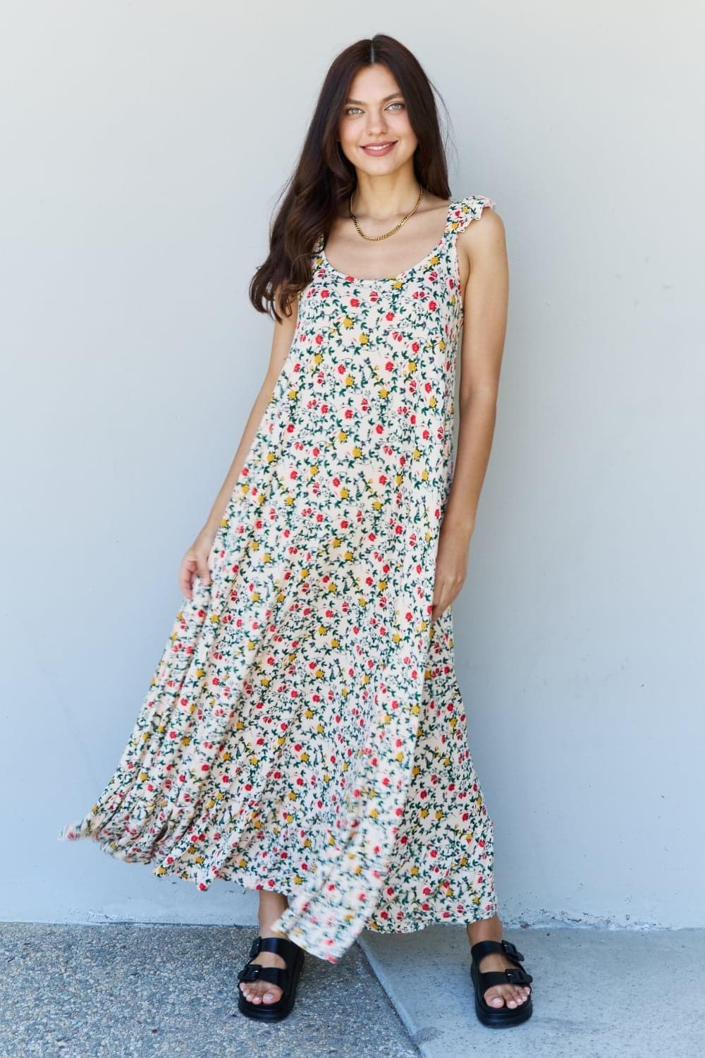 Doublju In The Garden Ruffle Floral Maxi Dress in Natural Rose - SwagglyLife Home & Fashion