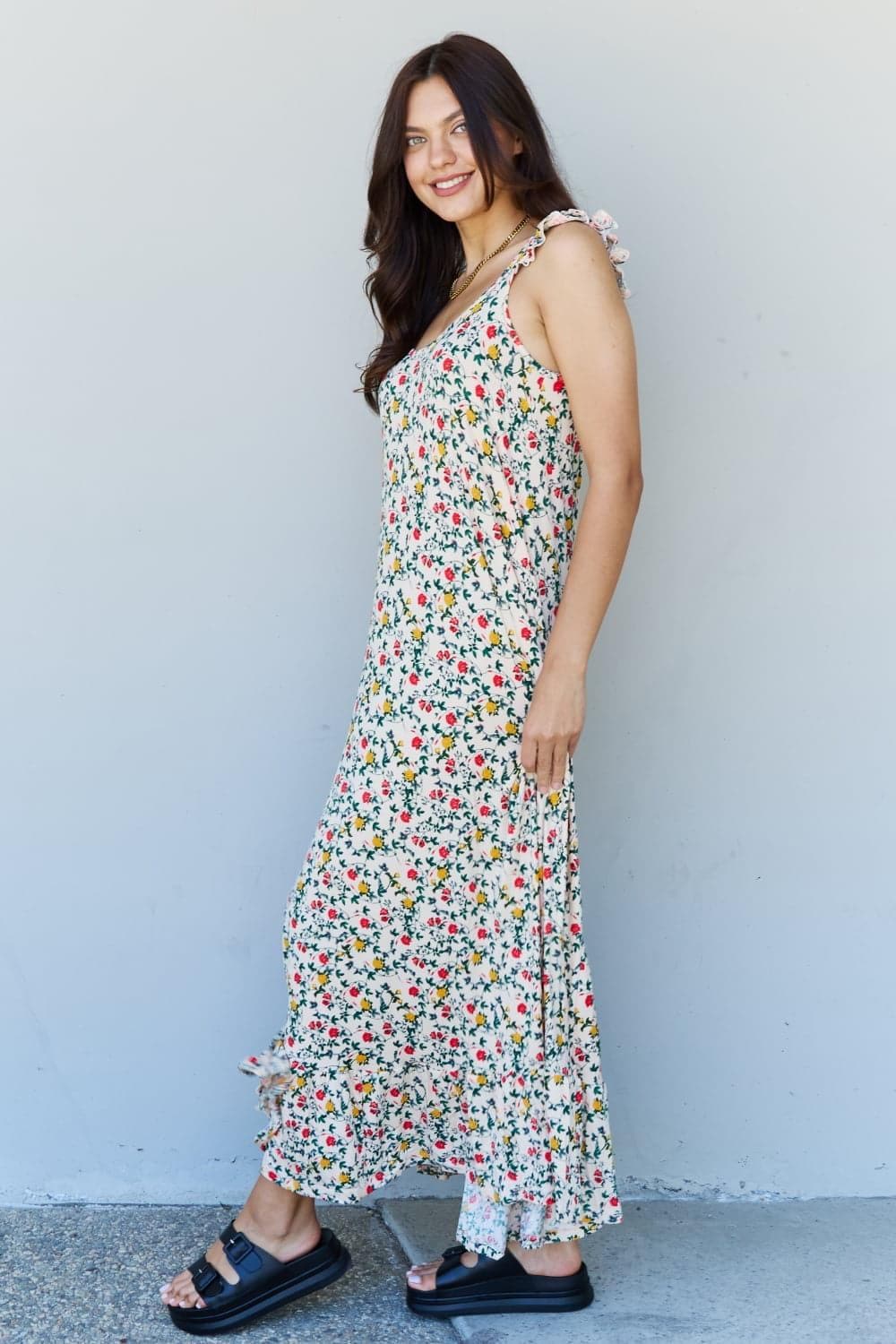 Doublju In The Garden Ruffle Floral Maxi Dress in Natural Rose - SwagglyLife Home & Fashion
