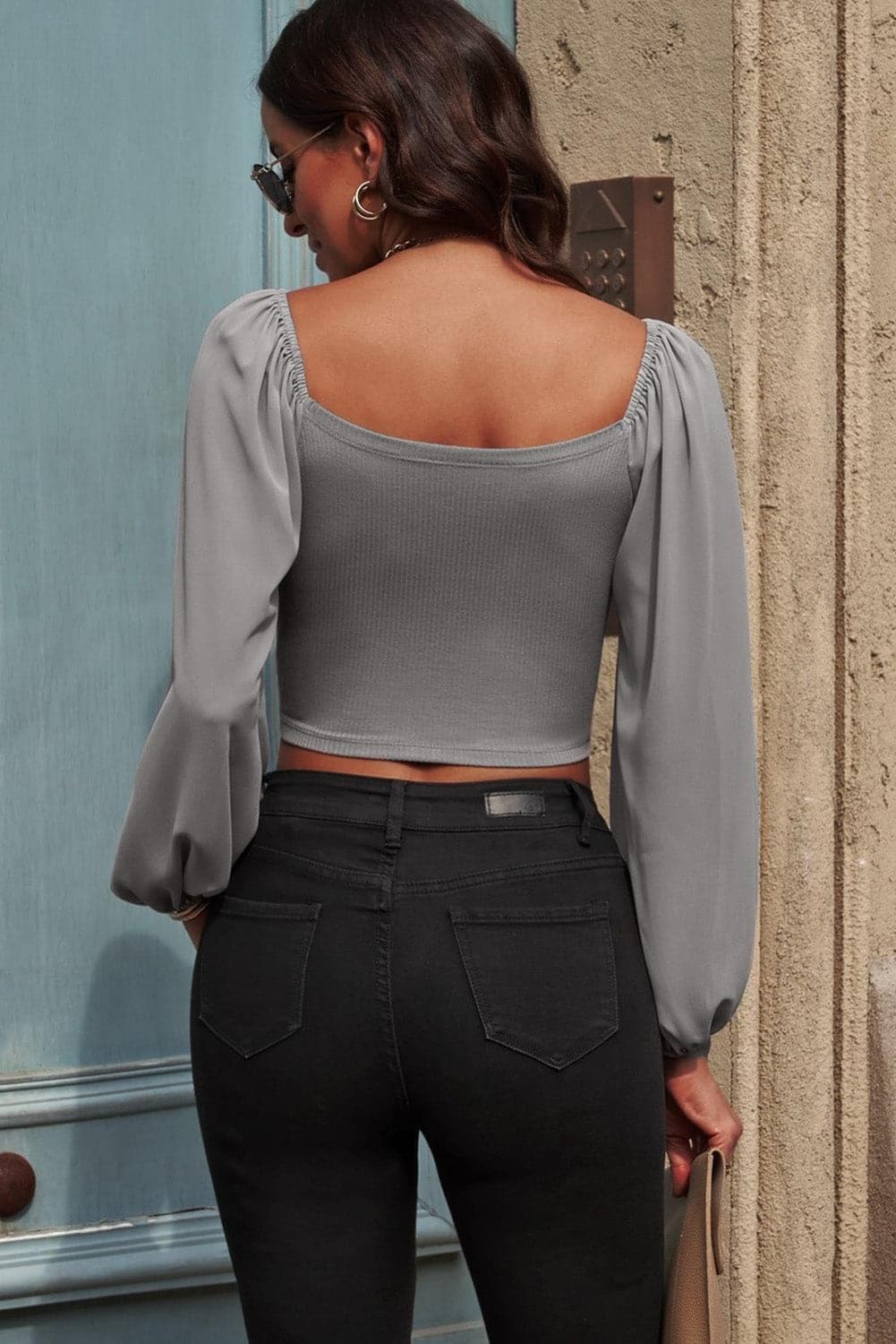 Drawstring Detail Balloon Sleeve Cropped Blouse - SwagglyLife Home & Fashion