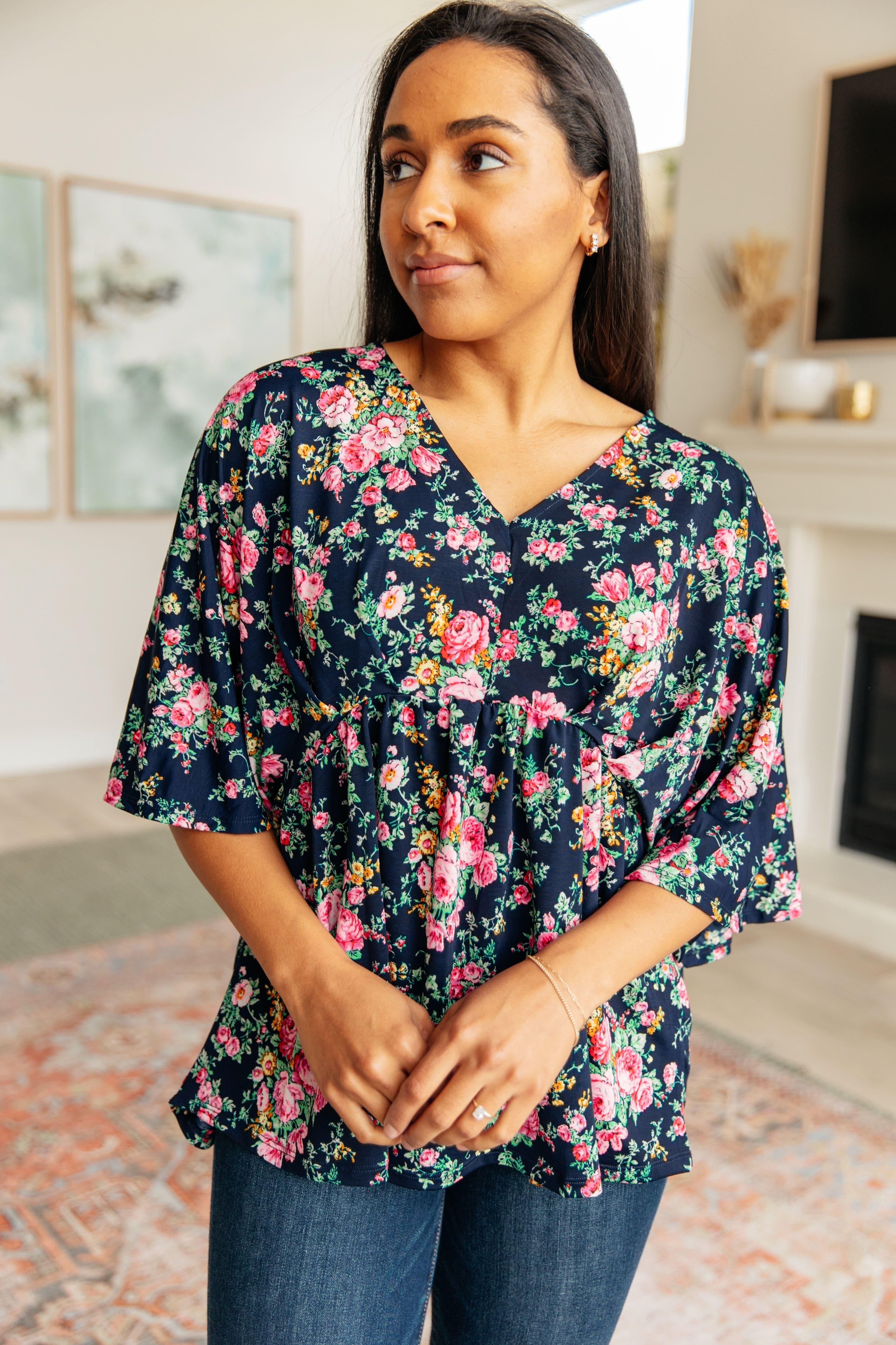 Dreamer Top in Navy and Pink Vintage Bouquet - SwagglyLife Home & Fashion