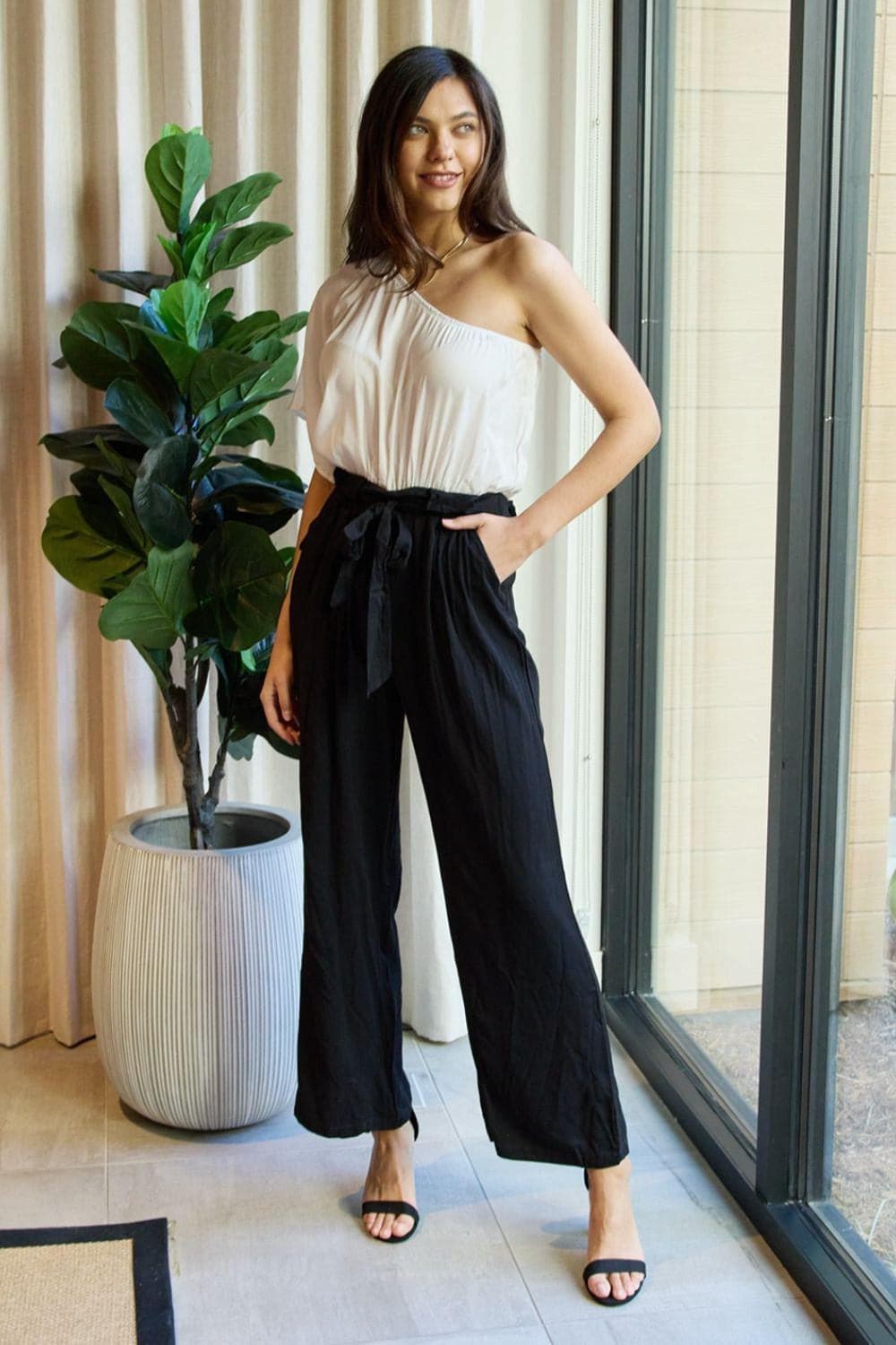 Dress Day Marvelous in Manhattan One-Shoulder Jumpsuit in White/Black - SwagglyLife Home & Fashion