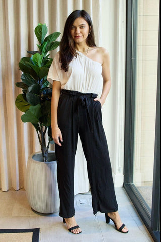 Dress Day Marvelous in Manhattan One-Shoulder Jumpsuit in White/Black - SwagglyLife Home & Fashion