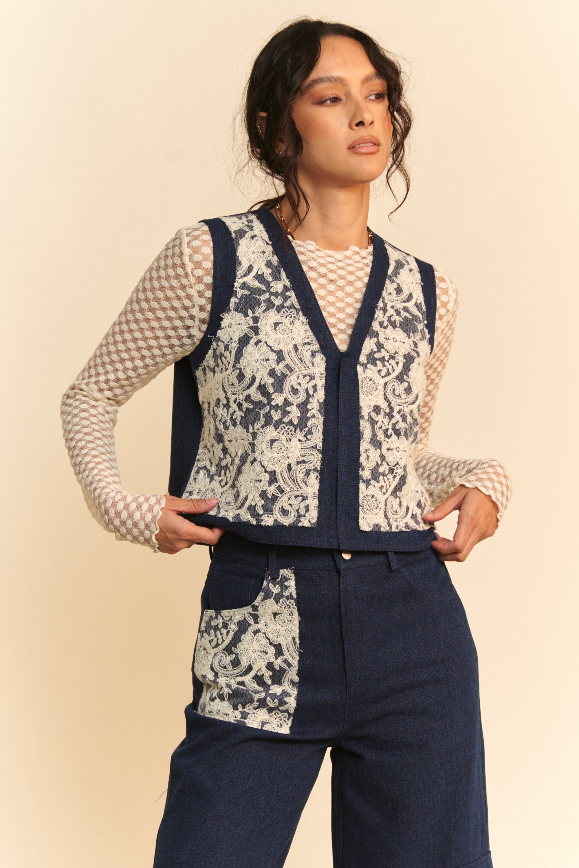 Davi & Dani Lace Patch Open Front Denim Vest