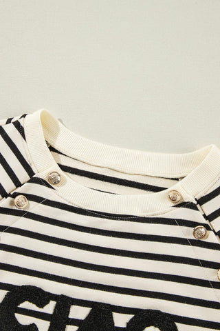 CIAO AMORE Decorative Button Striped Long Sleeve Sweatshirt