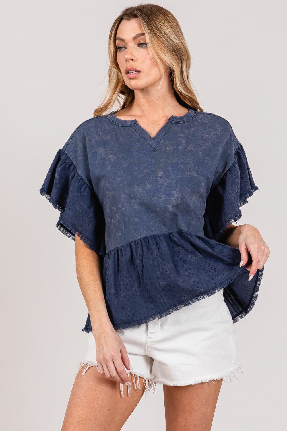 SAGE + FIG Ruffle Sleeve Washed Short Sleeve Blouse