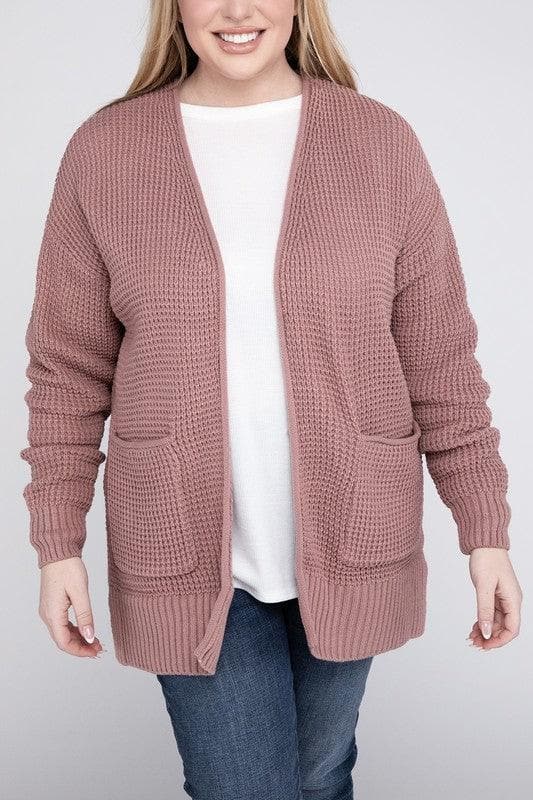 ZENANA Plus Low Gauge Waffle Open Cardigan Sweater - SwagglyLife Home & Fashion