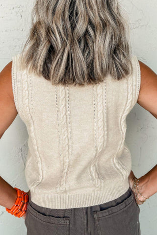 Embroidered Cable-Knit Round Neck Sweater Vest