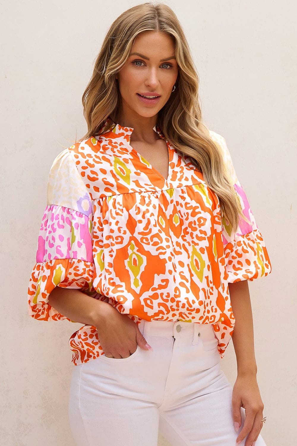 Annabelle Printed Notched Half Sleeve Blouse