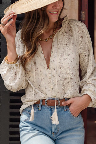 Lauren Printed Tie Neck Long Sleeve Shirt