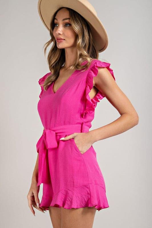 eesome V-Neck Ruffled Waist Tie Romper - SwagglyLife Home & Fashion