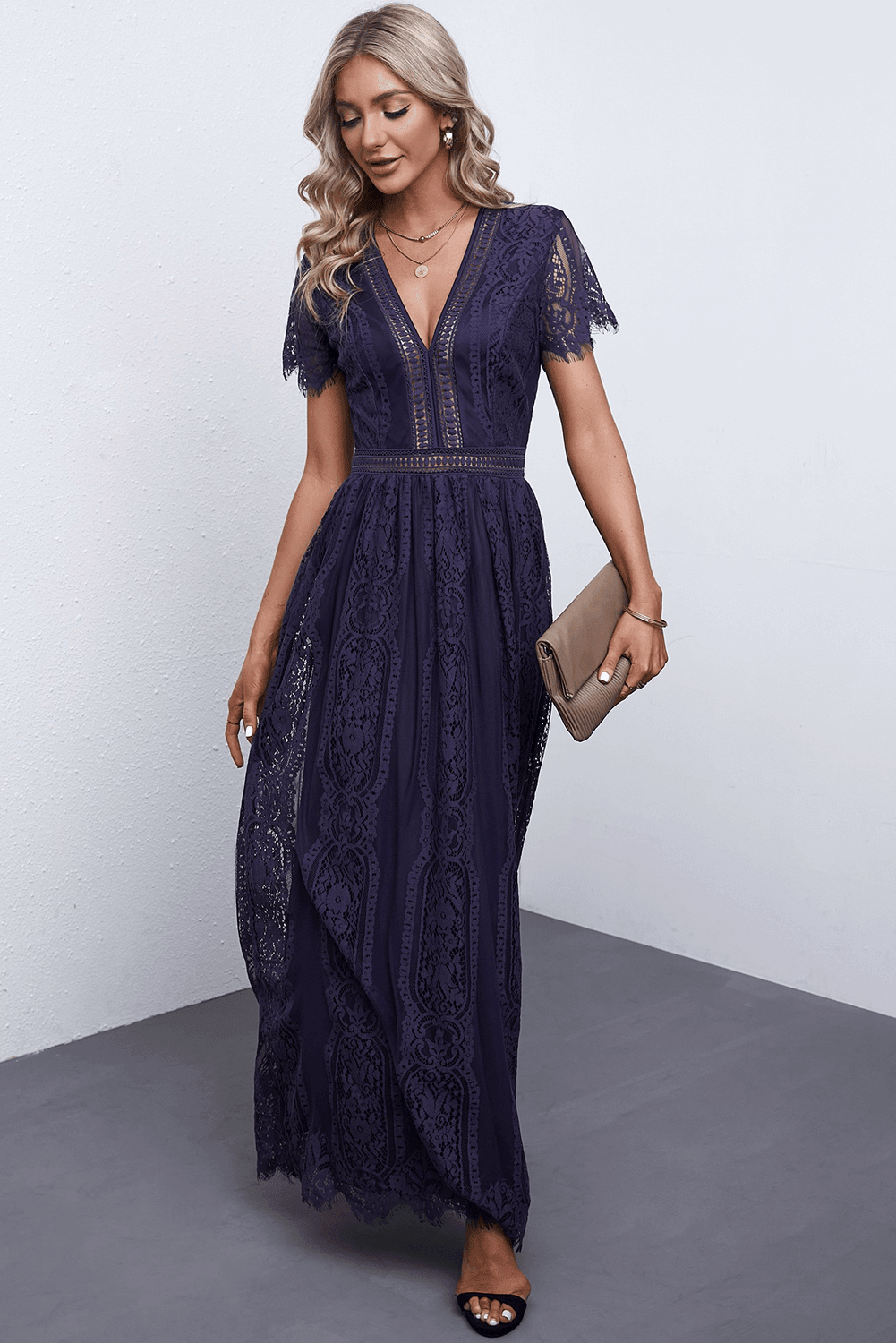 Scalloped Trim Lace Plunge Dress, Multiple Colors - SwagglyLife Home & Fashion