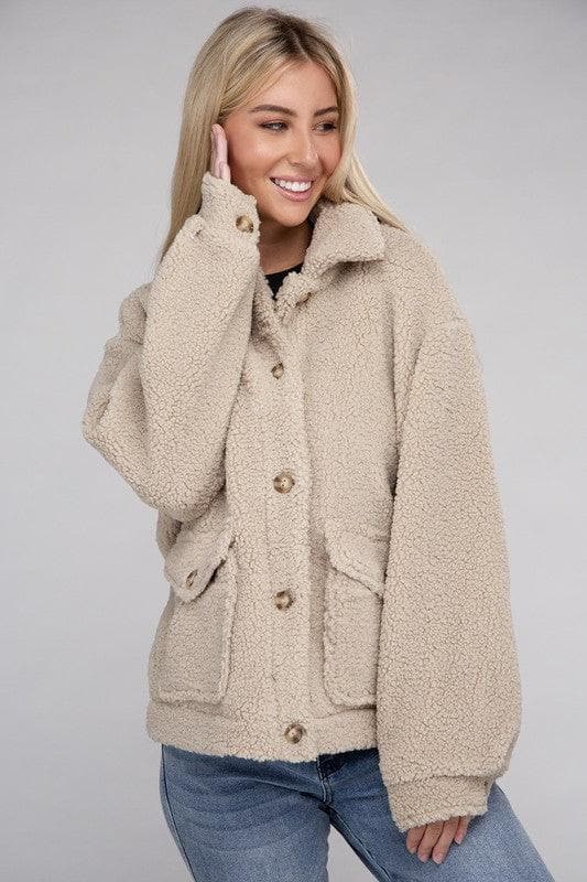 Ellie Cozy Sherpa Button-Front Jacket - SwagglyLife Home & Fashion