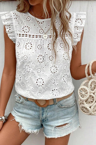 Ellie Eyelet Round Neck Cap Sleeve Blouse - SwagglyLife Home & Fashion