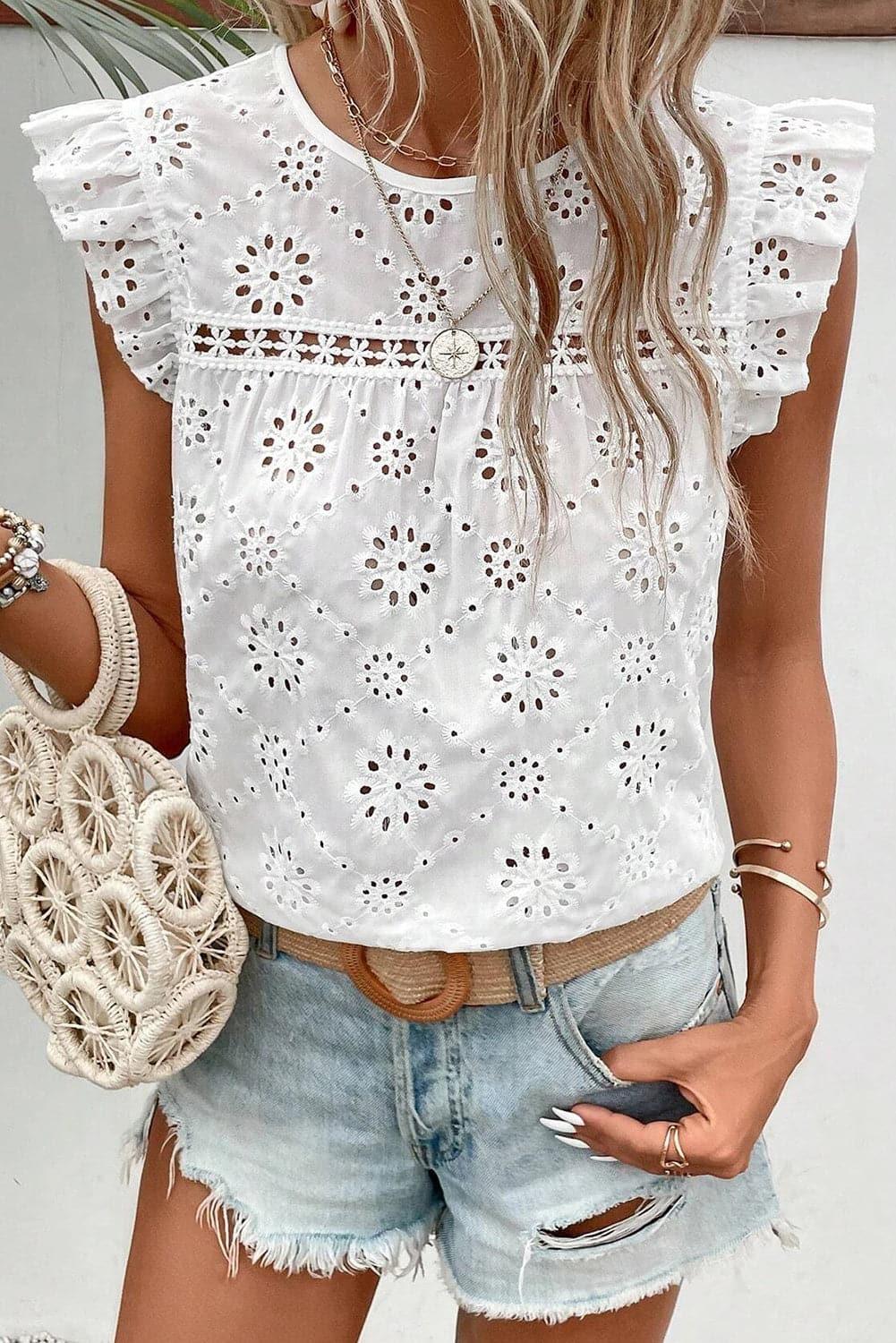 Ellie Eyelet Round Neck Cap Sleeve Blouse - SwagglyLife Home & Fashion