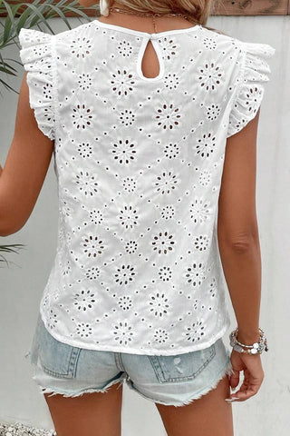 Ellie Eyelet Round Neck Cap Sleeve Blouse - SwagglyLife Home & Fashion