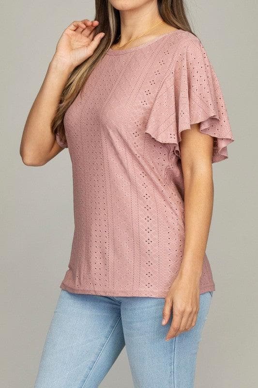 Embroidered Eyelet Top with Wing Sleeve, 2 Colors - SwagglyLife Home & Fashion