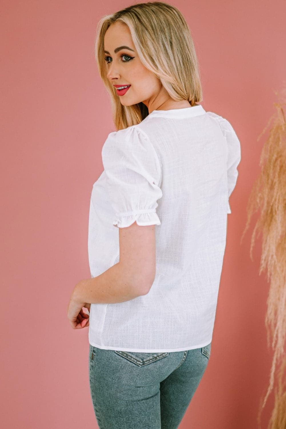 Embroidered Notched Neck Flounce Sleeve Top - SwagglyLife Home & Fashion