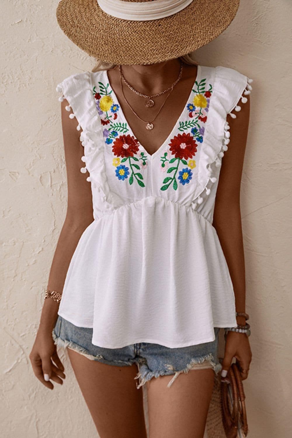 Embroidered Pom-Pom Trim Cap Sleeve Babydoll Top - SwagglyLife Home & Fashion