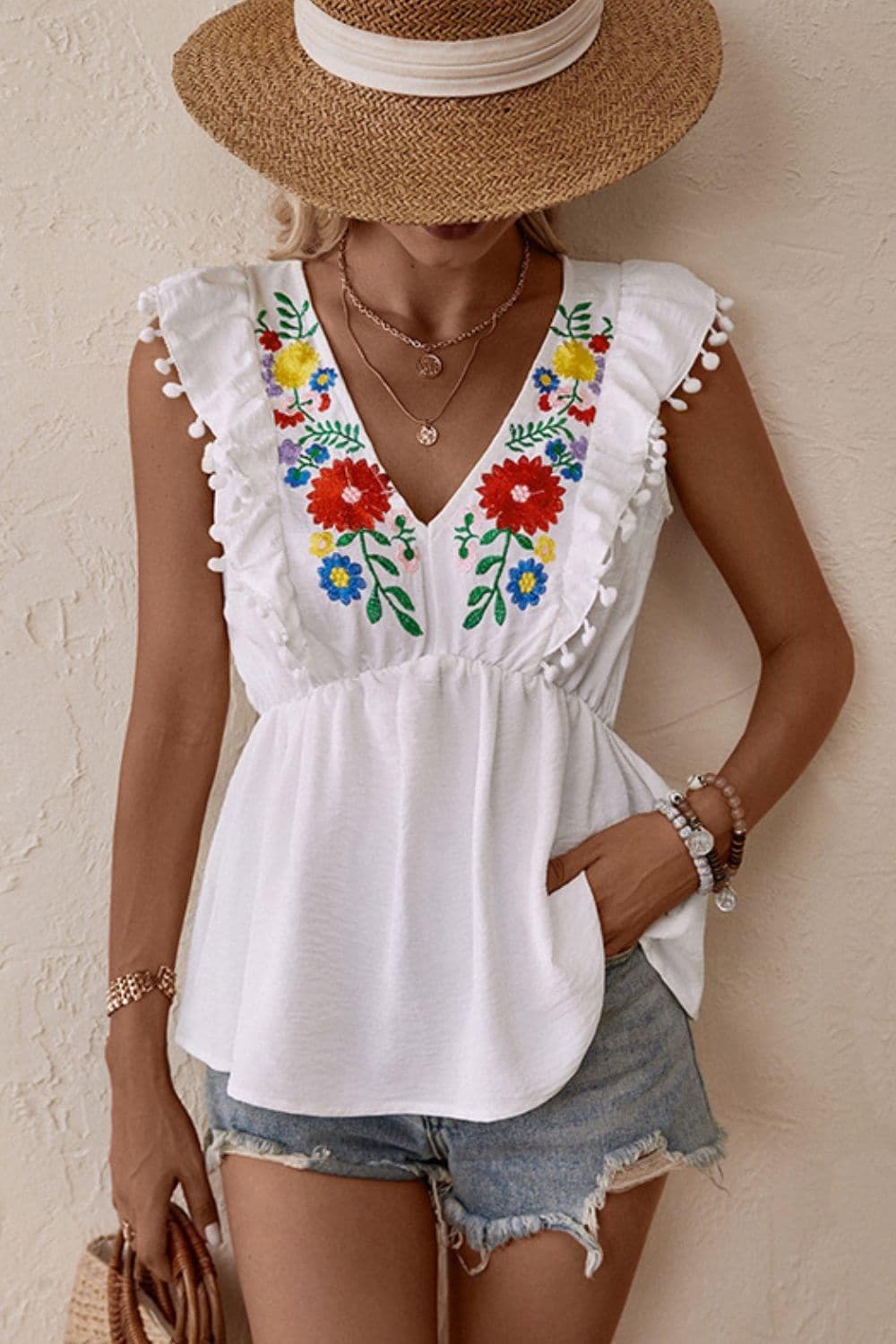 Embroidered Pom-Pom Trim Cap Sleeve Babydoll Top - SwagglyLife Home & Fashion