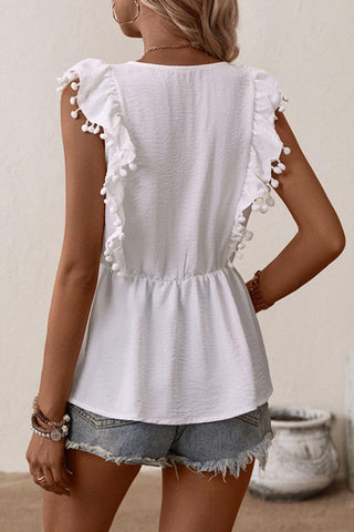 Embroidered Pom-Pom Trim Cap Sleeve Babydoll Top - SwagglyLife Home & Fashion