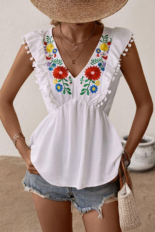 Embroidered Pom-Pom Trim Cap Sleeve Babydoll Top - SwagglyLife Home & Fashion