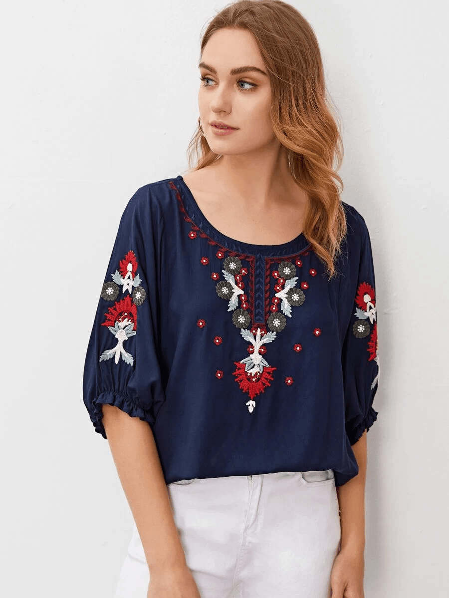 Embroidered Round Neck Flounce Sleeve Blouse - SwagglyLife Home & Fashion