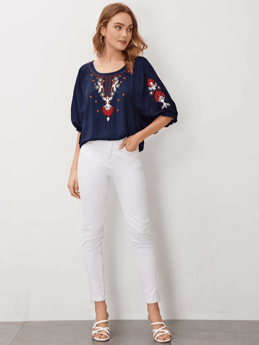Embroidered Round Neck Flounce Sleeve Blouse - SwagglyLife Home & Fashion