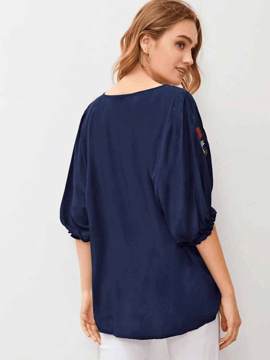 Embroidered Round Neck Flounce Sleeve Blouse - SwagglyLife Home & Fashion