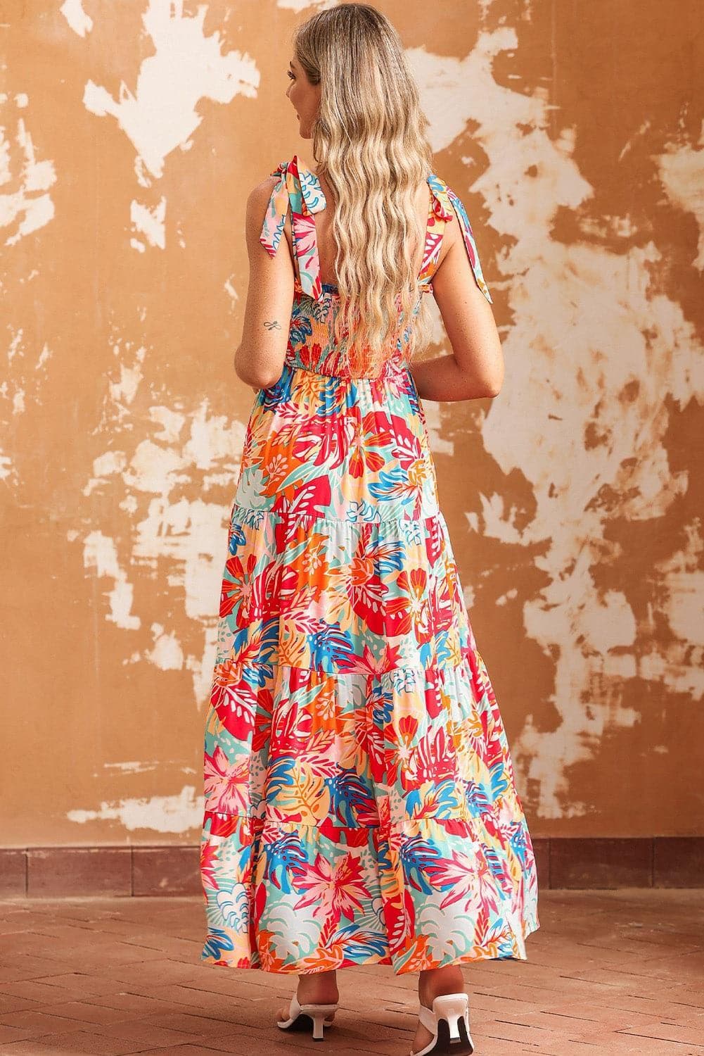 Emily Printed Tie Shoulder Smocked Tiered Maxi Dress - SwagglyLife Home & Fashion