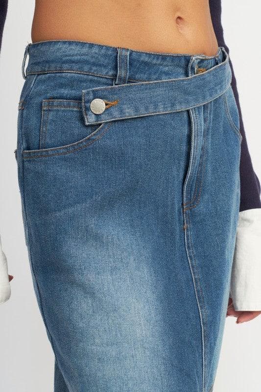 EMORY PARK Belt Detail Denim Skirt with Front Slit - SwagglyLife Home & Fashion