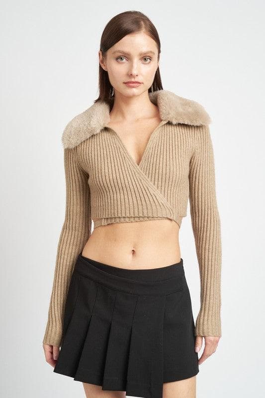 EMORY PARK V-Neck Cardigan With Fur Collar - SwagglyLife Home & Fashion