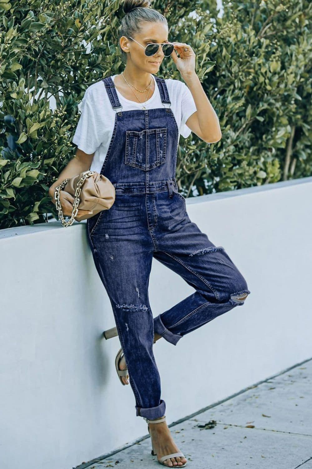 Pocketed Distressed Denim Overalls - SwagglyLife Home & Fashion