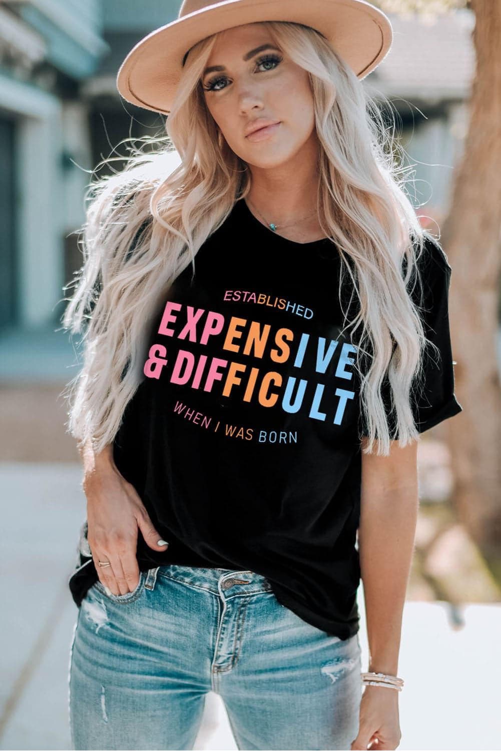 Expensive & Difficult Slogan Graphic Cuffed Sleeve Tee - SwagglyLife Home & Fashion