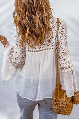 Eyelet Tassel Tie Flare Sleeve Blouse - SwagglyLife Home & Fashion