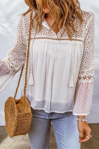 Eyelet Tassel Tie Flare Sleeve Blouse - SwagglyLife Home & Fashion