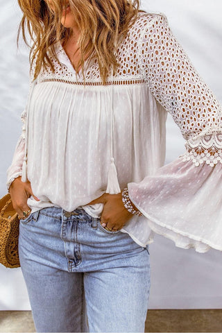 Eyelet Tassel Tie Flare Sleeve Blouse - SwagglyLife Home & Fashion