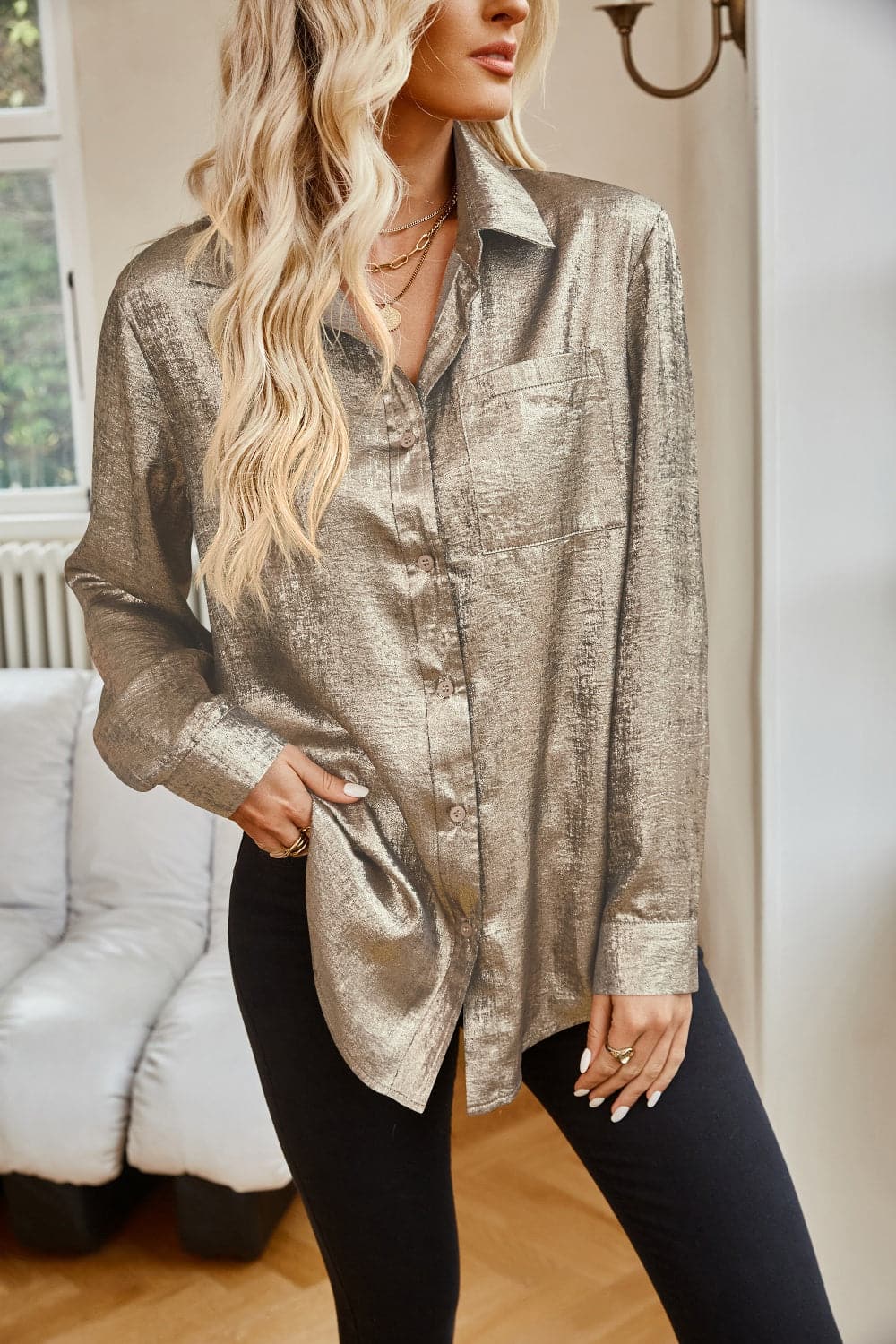 Tasha Pocketed Collared Neck Long Sleeve Shirt