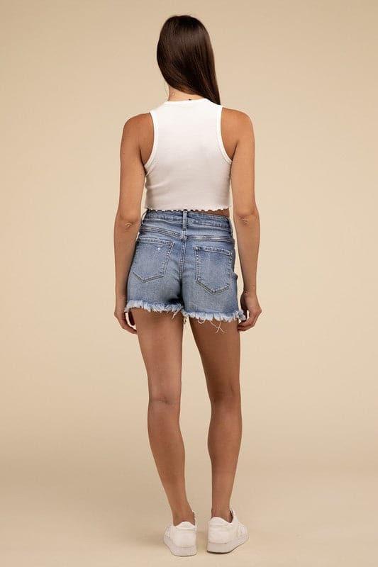 ZENANA Mid Rise Raw Frayed Hem Denim Shorts - SwagglyLife Home & Fashion