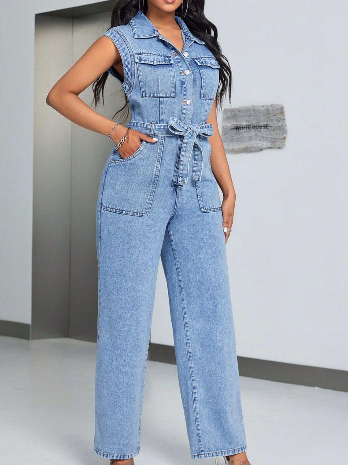 Tied Half Button Denim Jumpsuit with Pockets