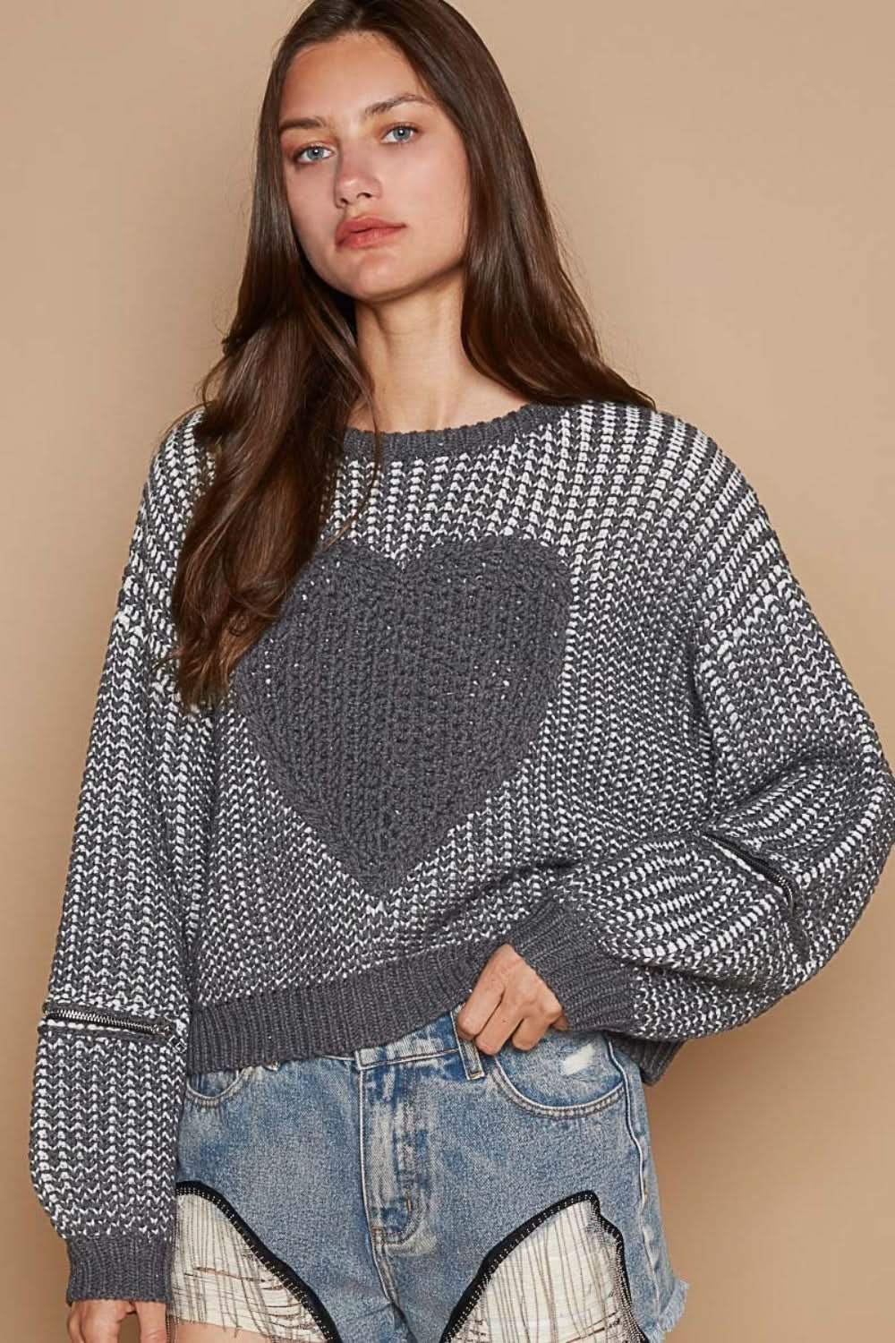 POL Round Neck Heart Patch Zipper Point Sleeve Sweater