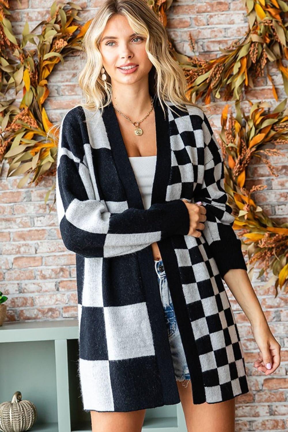 First Love Checkered Open Front Long Sleeve Cardigan - SwagglyLife Home & Fashion