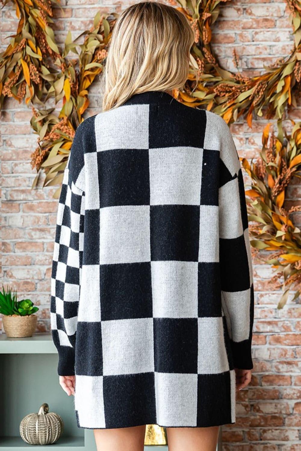 First Love Checkered Open Front Long Sleeve Cardigan - SwagglyLife Home & Fashion