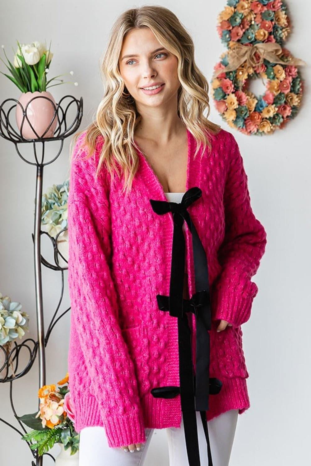 First Love Tie Closure Open Knit Cardigan - SwagglyLife Home & Fashion