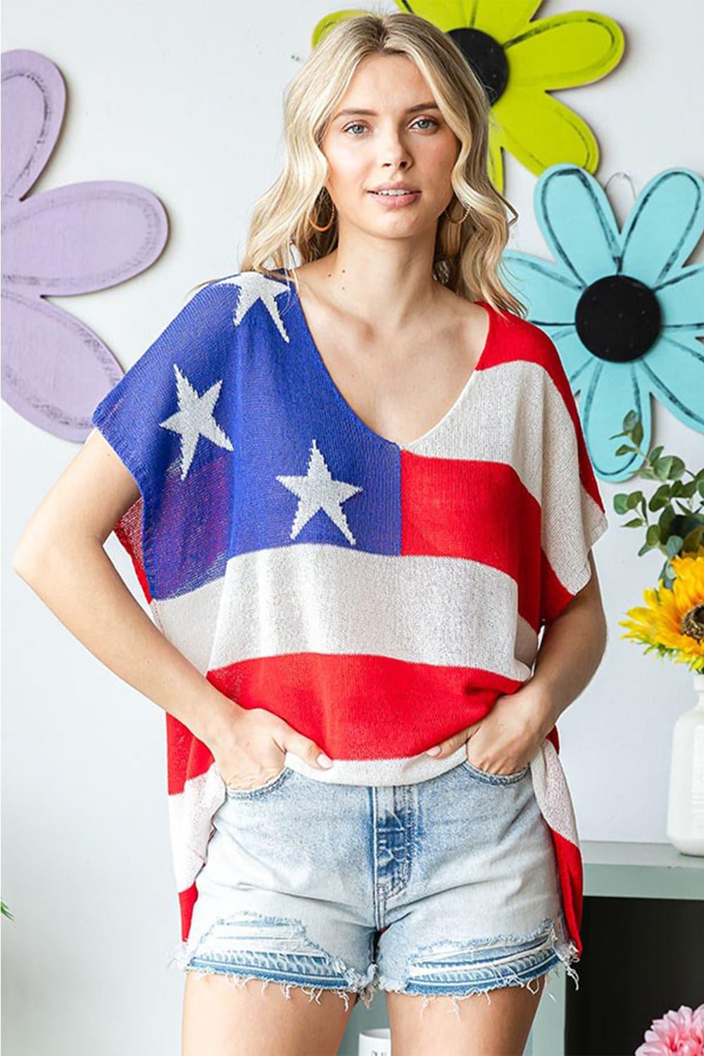 First Love USA Flag Drop Shoulder Knit Top - SwagglyLife Home & Fashion