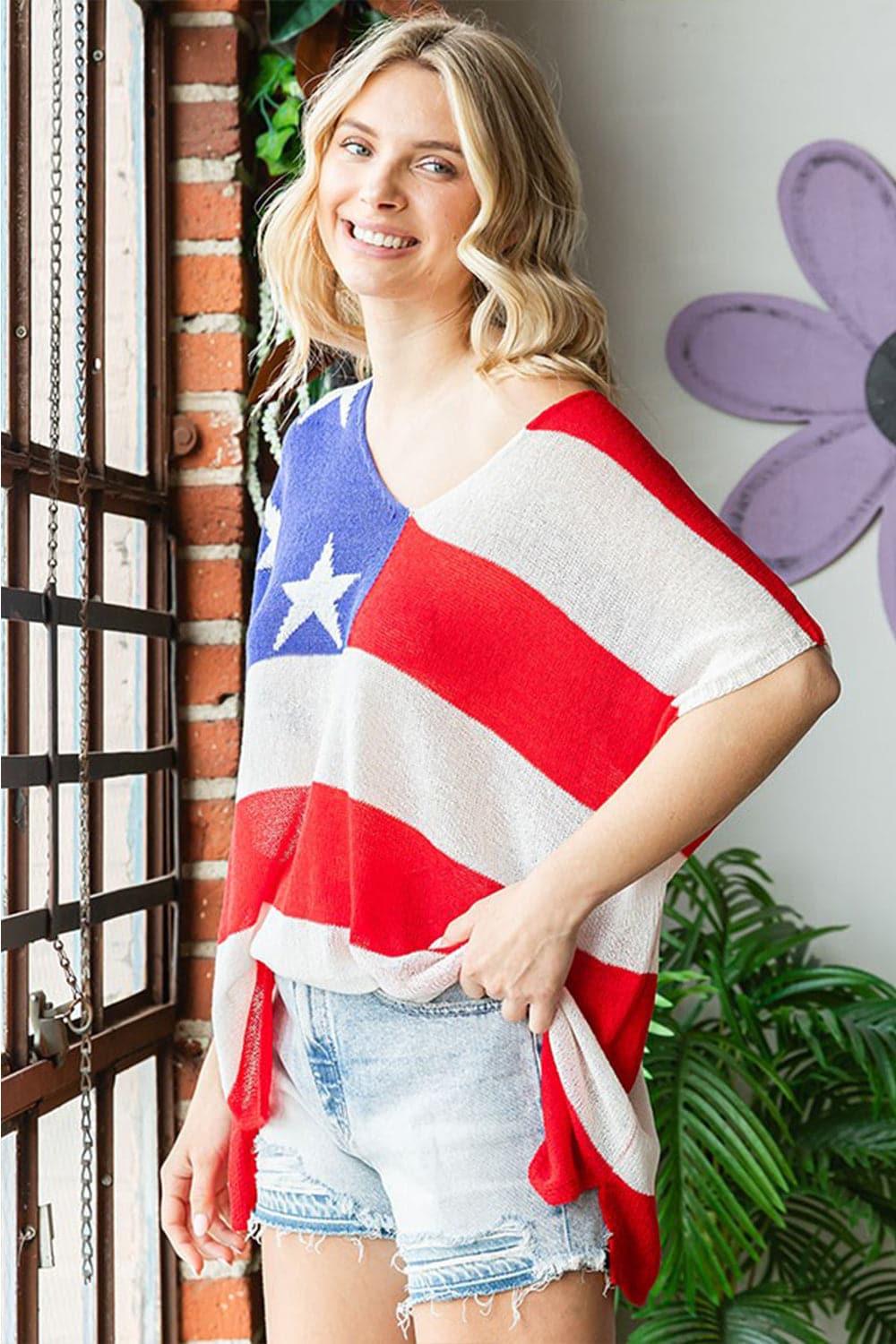 First Love USA Flag Drop Shoulder Knit Top - SwagglyLife Home & Fashion